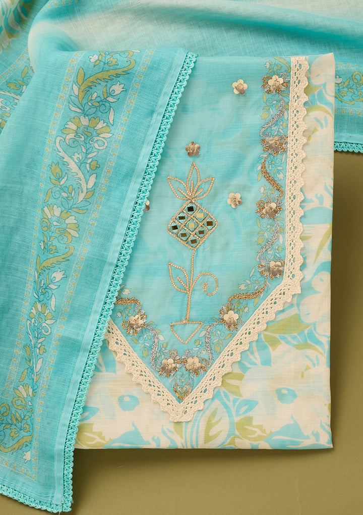 Blue Cotton Threadwork Unstitched Dress Material With Matching Bottom And Dupatta