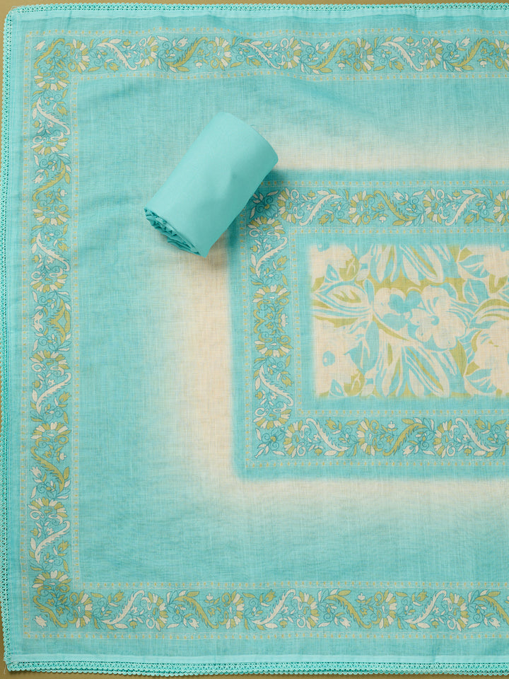 Blue Cotton Threadwork Unstitched Dress Material With Matching Bottom And Dupatta