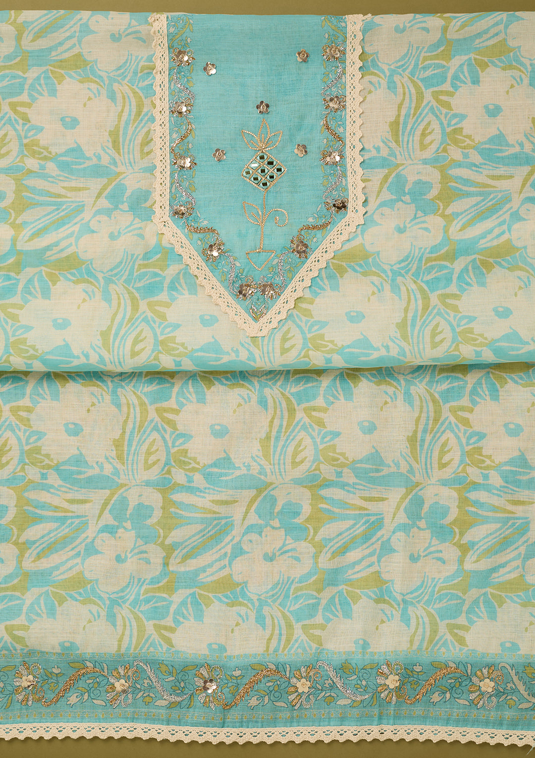 Blue Cotton Threadwork Unstitched Dress Material With Matching Bottom And Dupatta