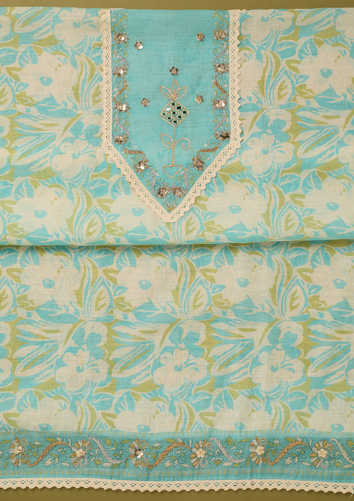 Blue Cotton Threadwork Unstitched Dress Material With Matching Bottom And Dupatta