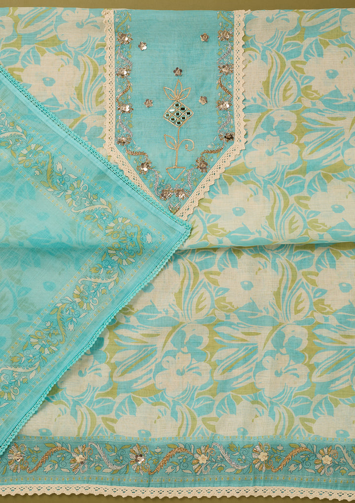 Blue Cotton Threadwork Unstitched Dress Material With Matching Bottom And Dupatta