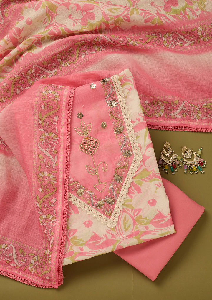 Gajari Pink Cotton Threadwork Unstitched Dress Material With Matching Bottom And Dupatta