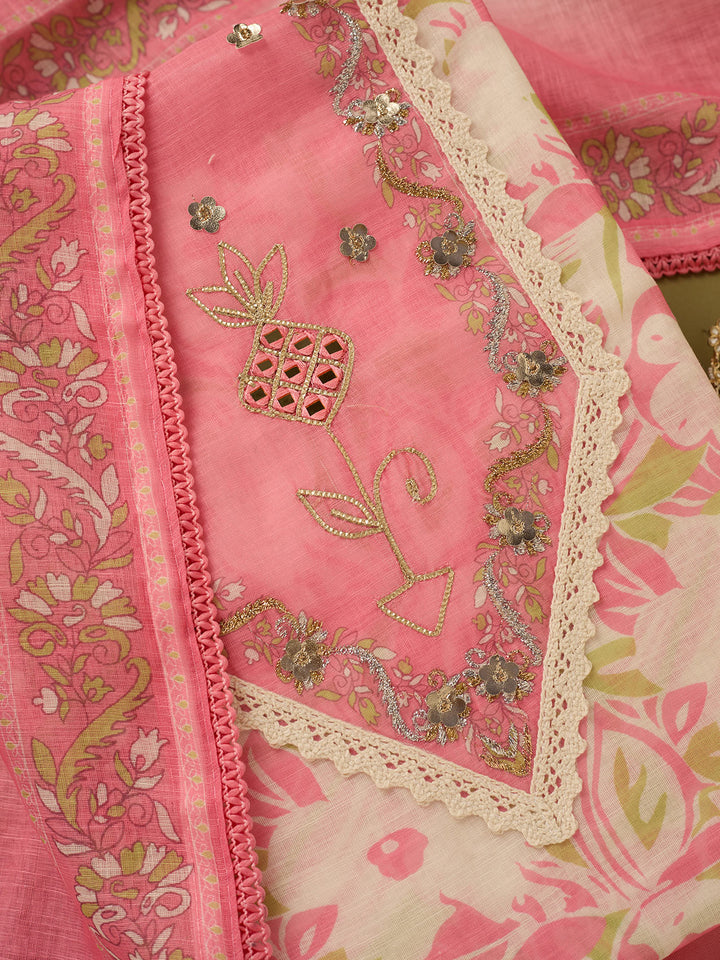 Gajari Pink Cotton Threadwork Unstitched Dress Material With Matching Bottom And Dupatta