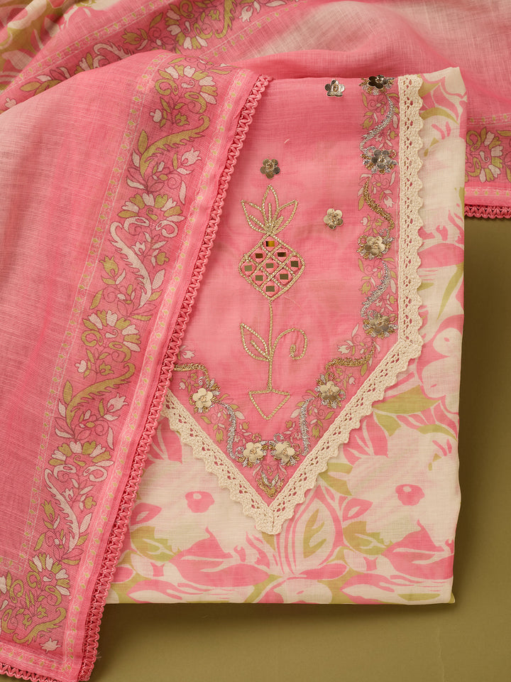 Gajari Pink Cotton Threadwork Unstitched Dress Material With Matching Bottom And Dupatta