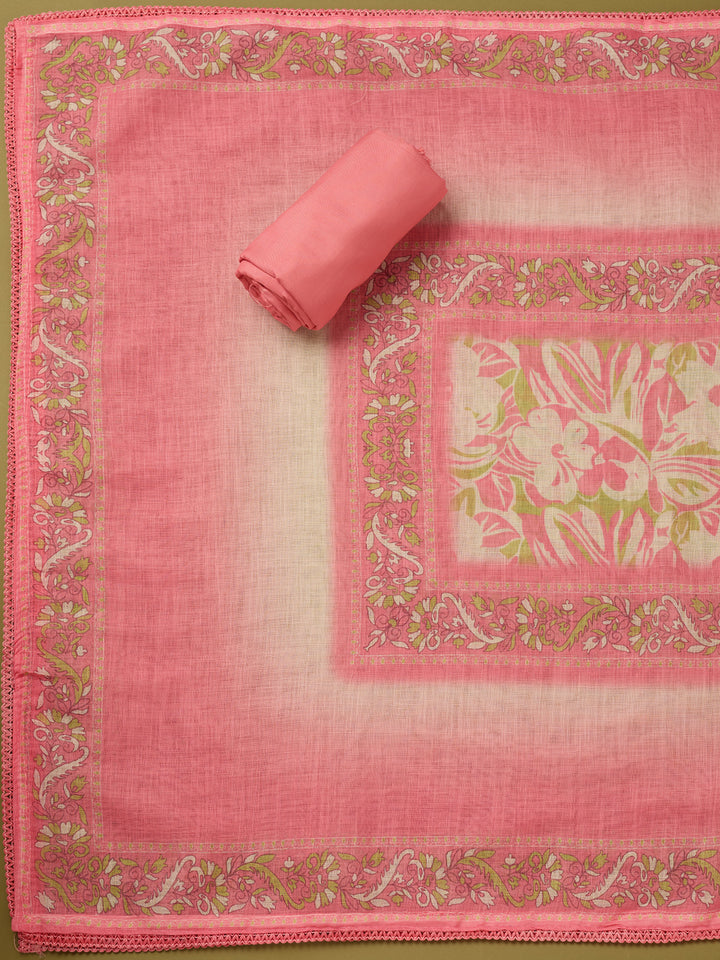 Gajari Pink Cotton Threadwork Unstitched Dress Material With Matching Bottom And Dupatta
