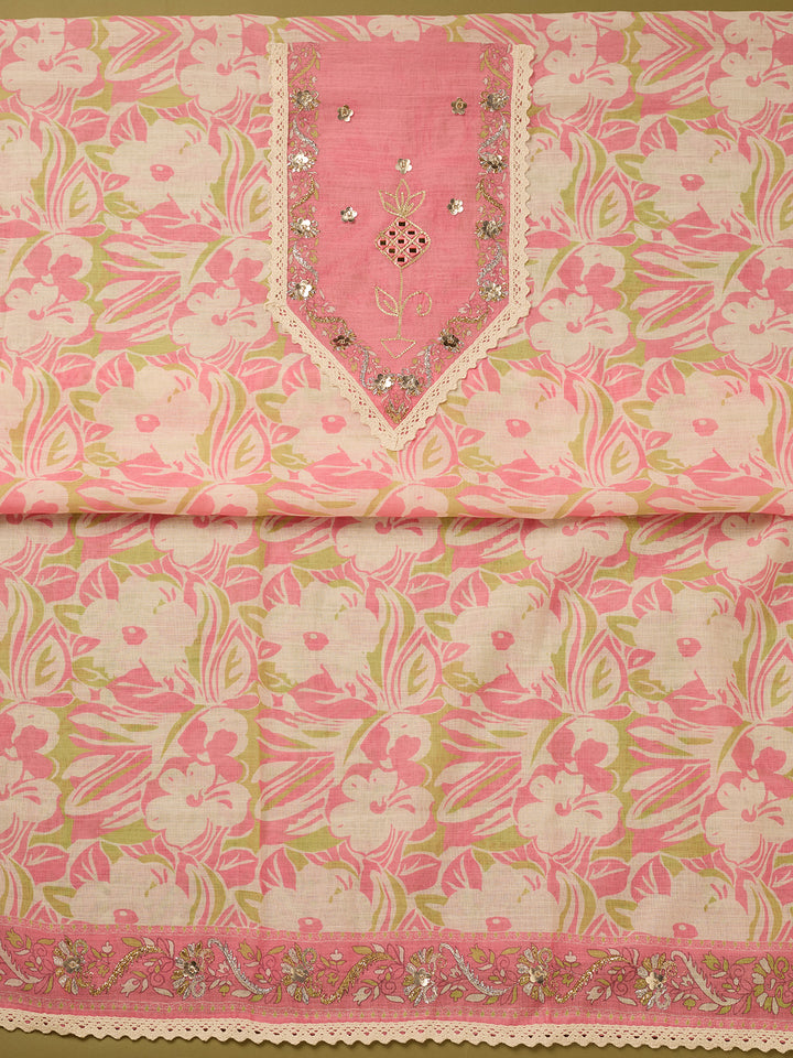Gajari Pink Cotton Threadwork Unstitched Dress Material With Matching Bottom And Dupatta
