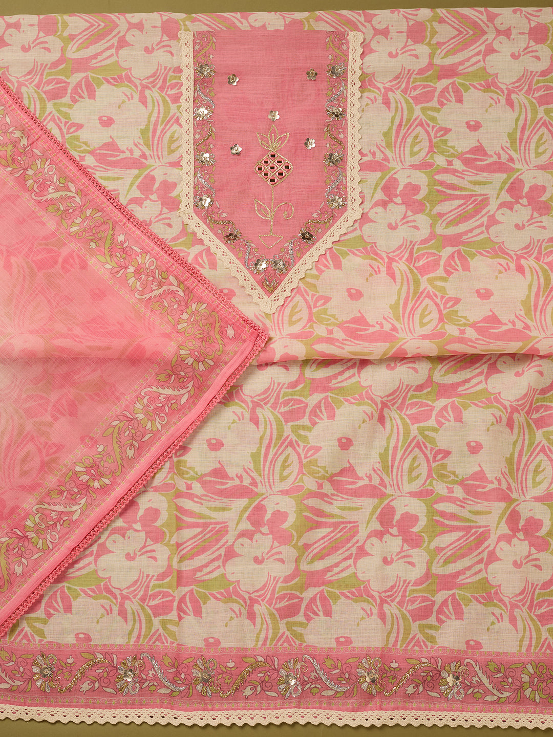 Gajari Pink Cotton Threadwork Unstitched Dress Material With Matching Bottom And Dupatta