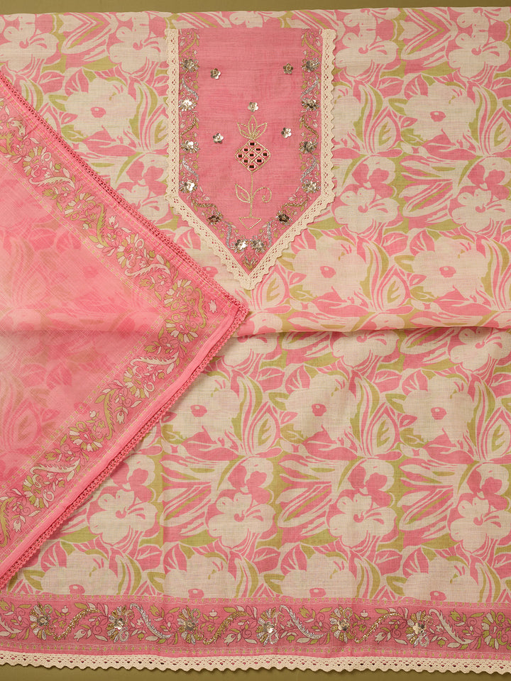 Gajari Pink Cotton Threadwork Unstitched Dress Material With Matching Bottom And Dupatta