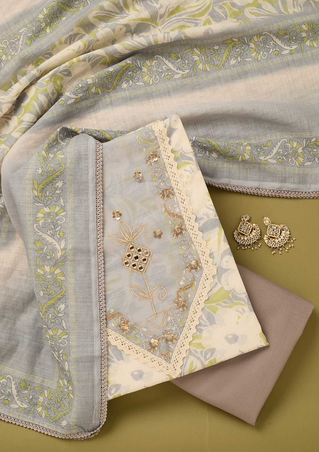 Light Grey Cotton Threadwork Unstitched Dress Material With Matching Bottom And Dupatta