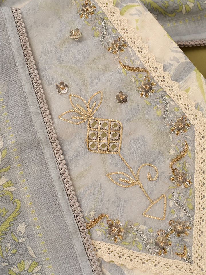 Light Grey Cotton Threadwork Unstitched Dress Material With Matching Bottom And Dupatta