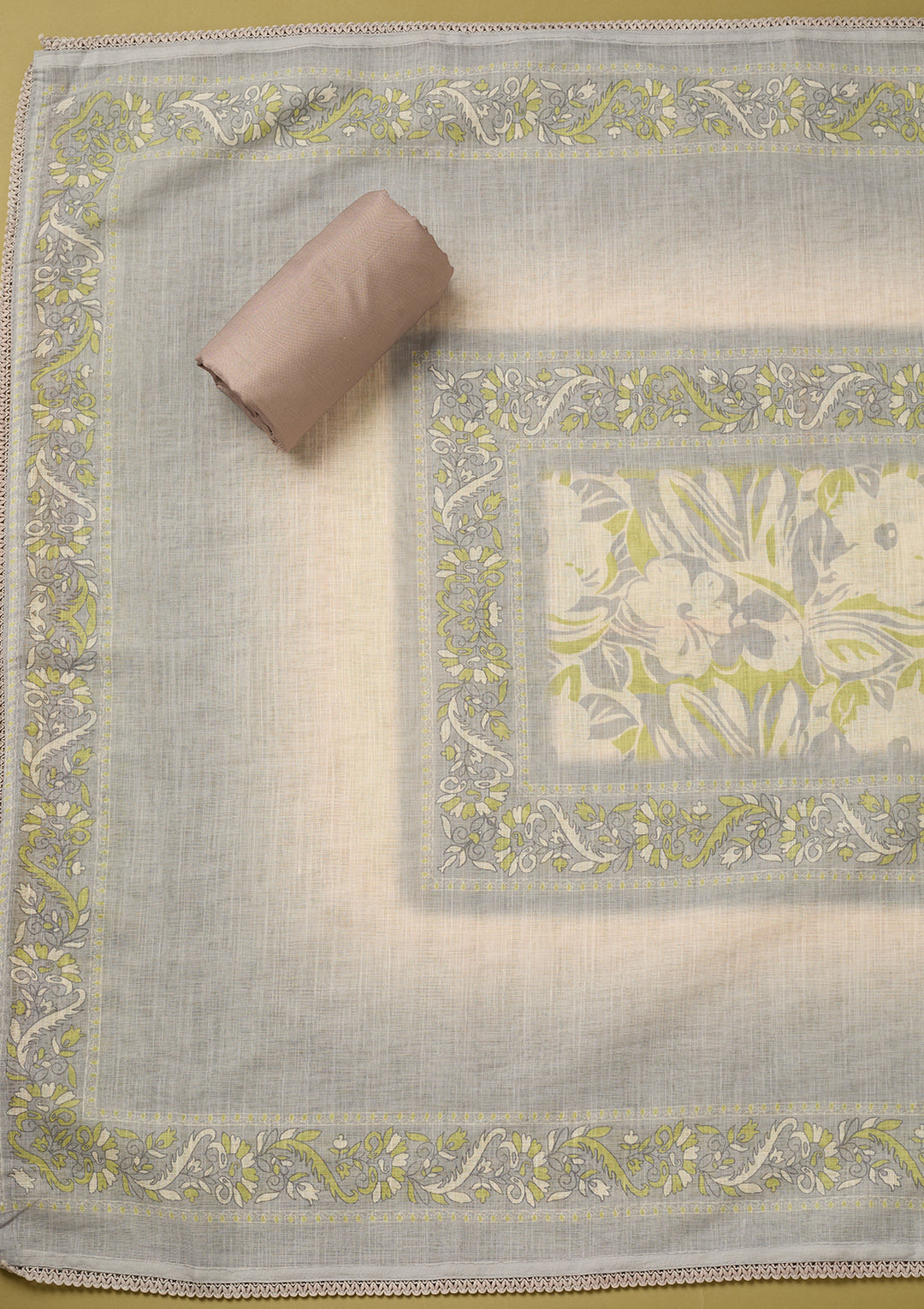 Light Grey Cotton Threadwork Unstitched Dress Material With Matching Bottom And Dupatta