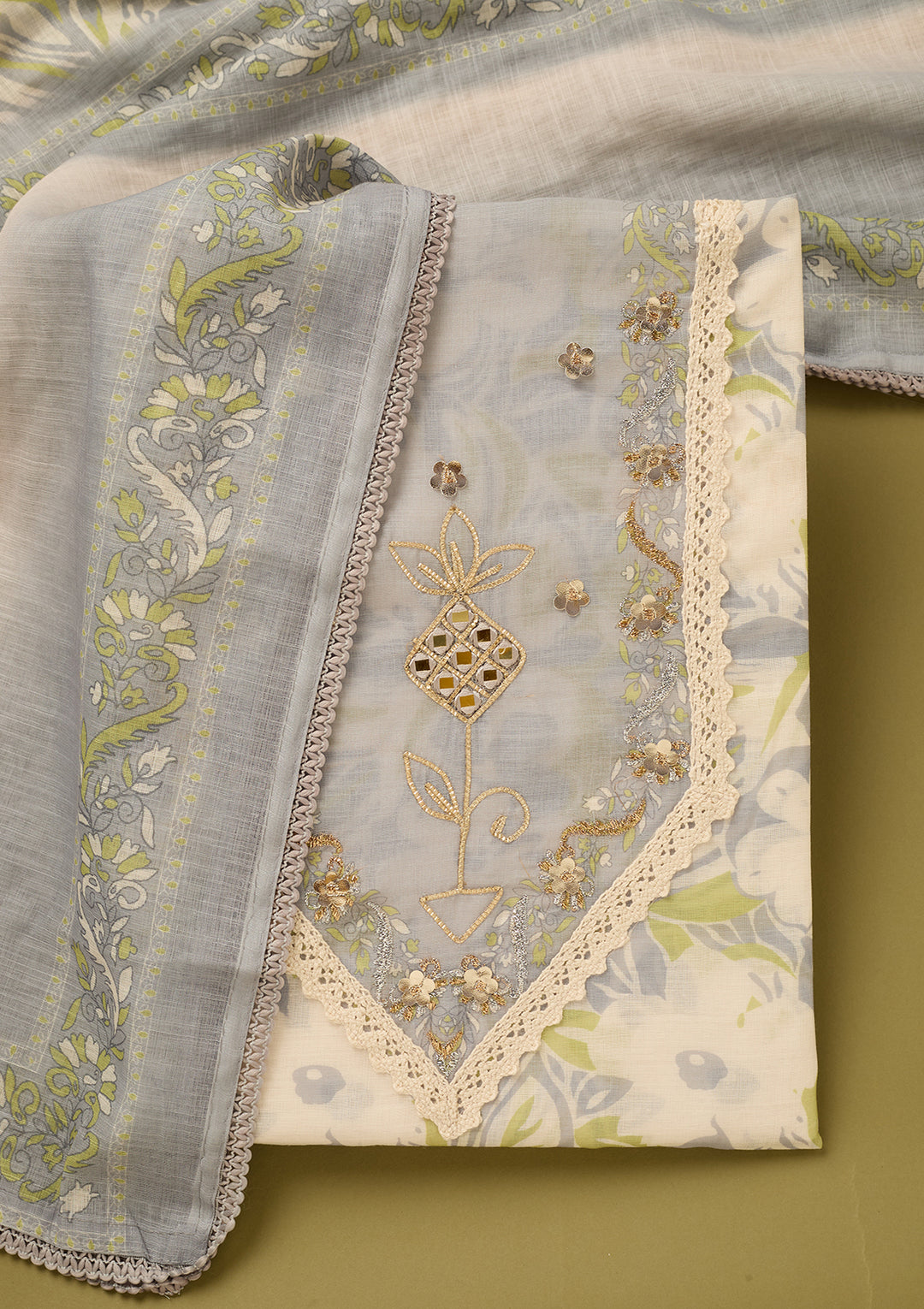 Light Grey Cotton Threadwork Unstitched Dress Material With Matching Bottom And Dupatta