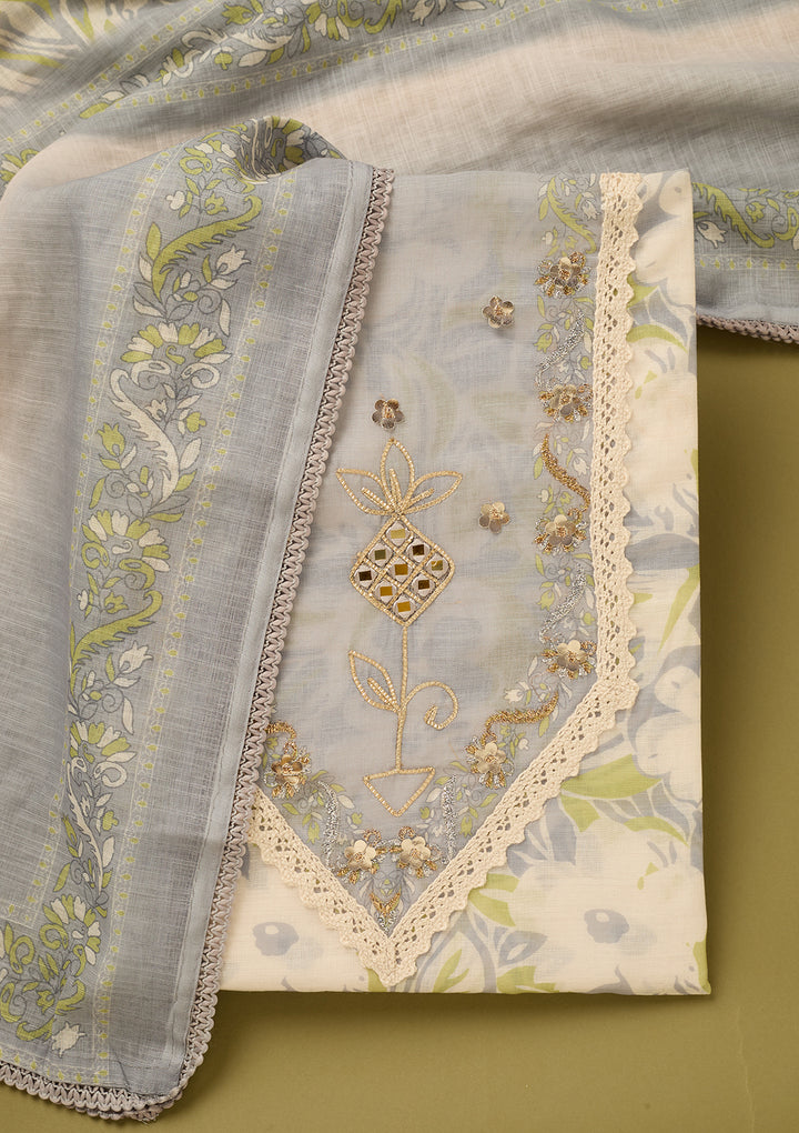 Light Grey Cotton Threadwork Unstitched Dress Material With Matching Bottom And Dupatta