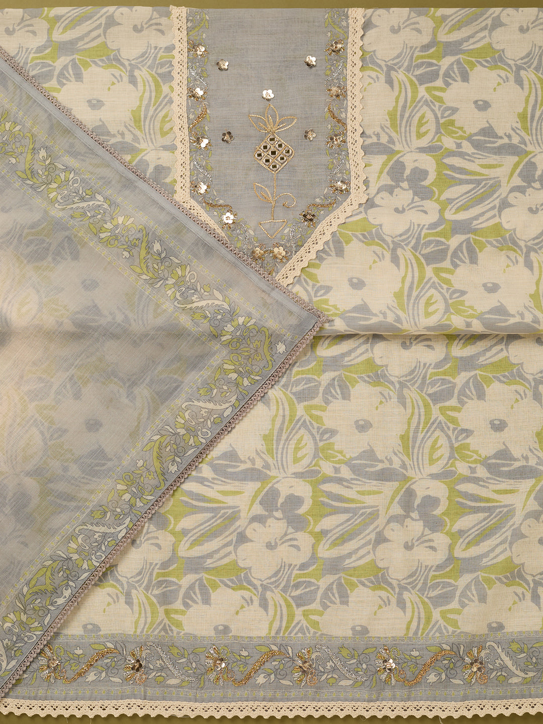 Light Grey Cotton Threadwork Unstitched Dress Material With Matching Bottom And Dupatta
