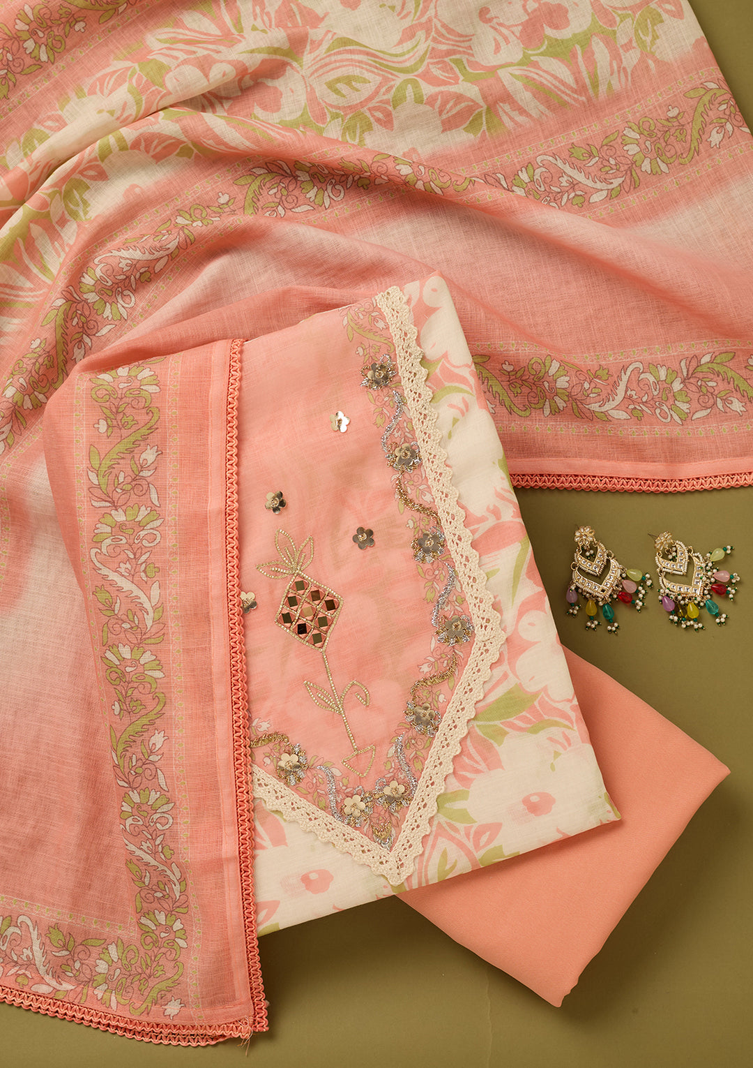 Peach Cotton Threadwork Unstitched Dress Material With Matching Bottom And Dupatta