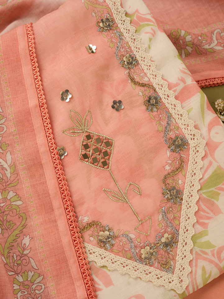 Peach Cotton Threadwork Unstitched Dress Material With Matching Bottom And Dupatta