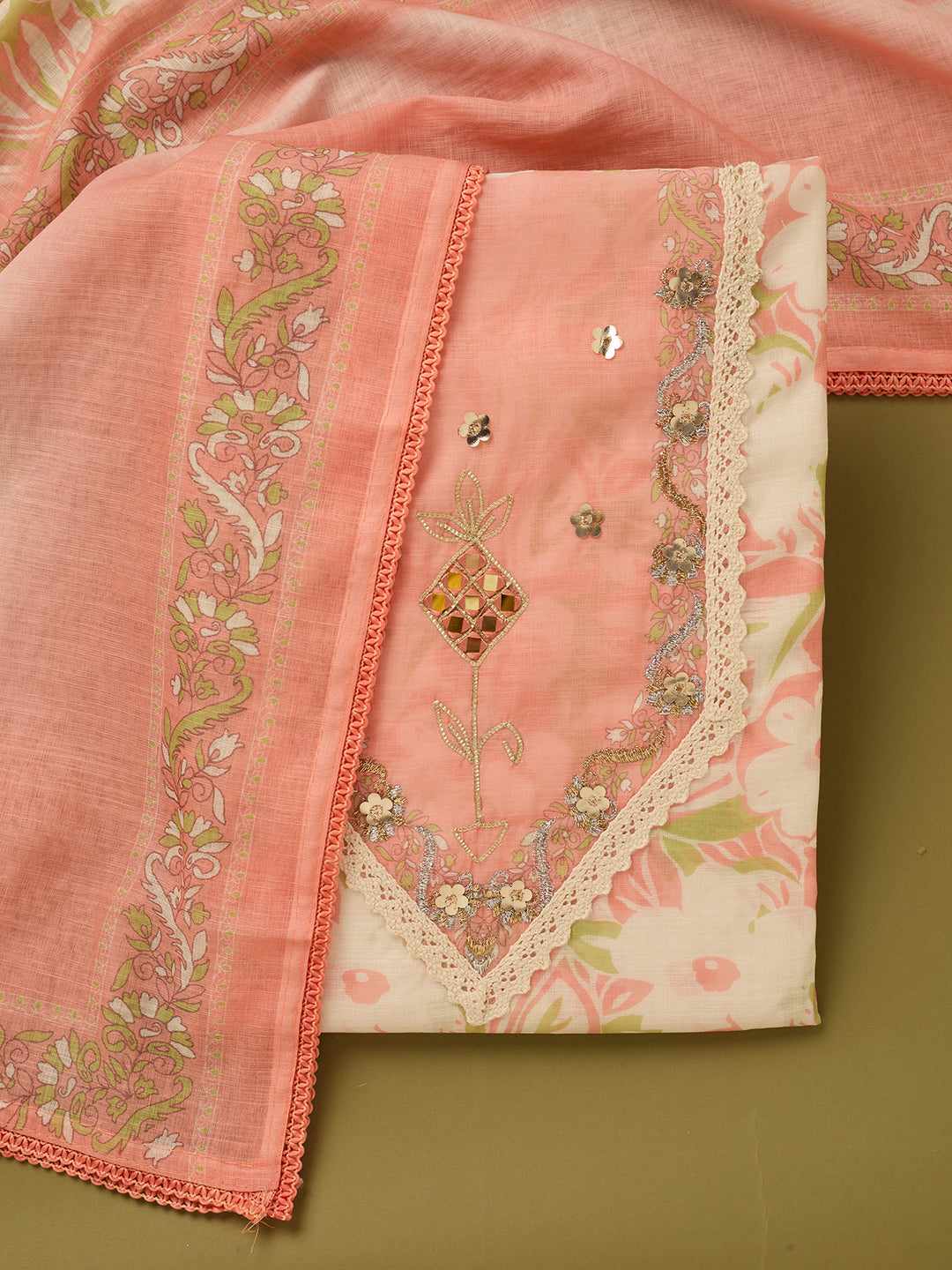 Peach Cotton Threadwork Unstitched Dress Material With Matching Bottom And Dupatta
