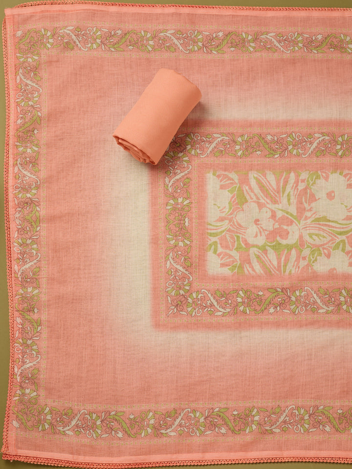 Peach Cotton Threadwork Unstitched Dress Material With Matching Bottom And Dupatta