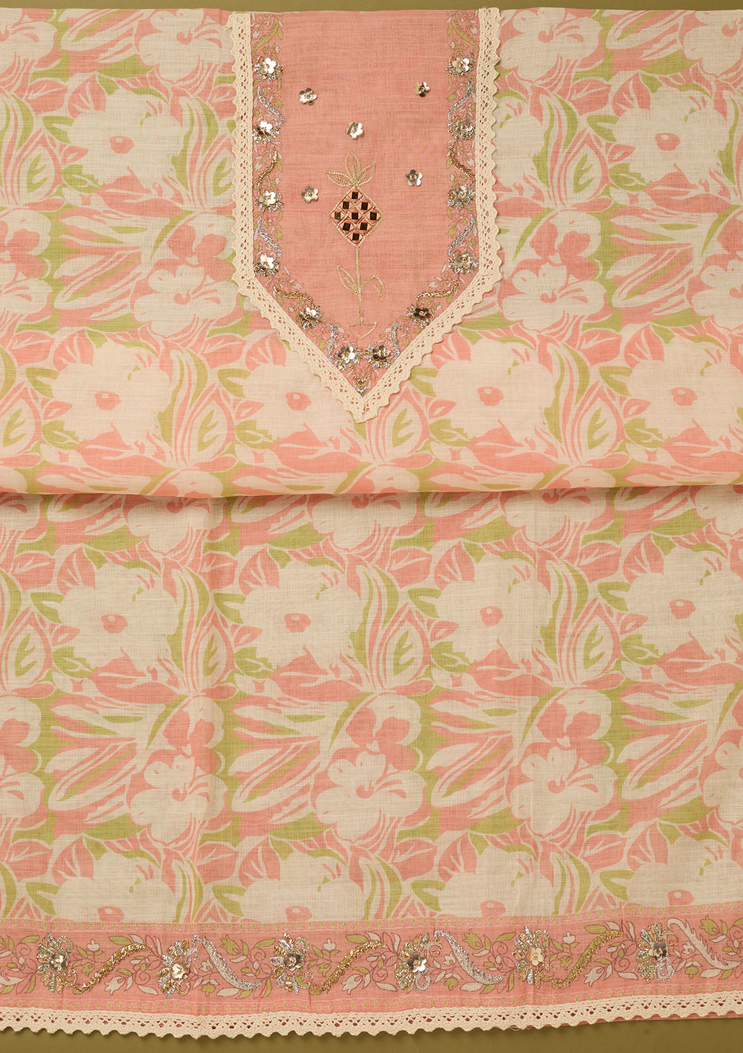 Peach Cotton Threadwork Unstitched Dress Material With Matching Bottom And Dupatta