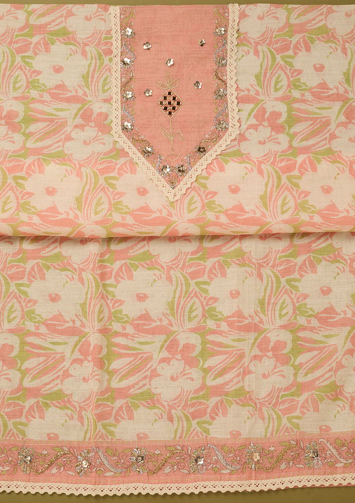 Peach Cotton Threadwork Unstitched Dress Material With Matching Bottom And Dupatta