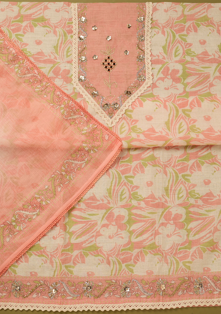 Peach Cotton Threadwork Unstitched Dress Material With Matching Bottom And Dupatta