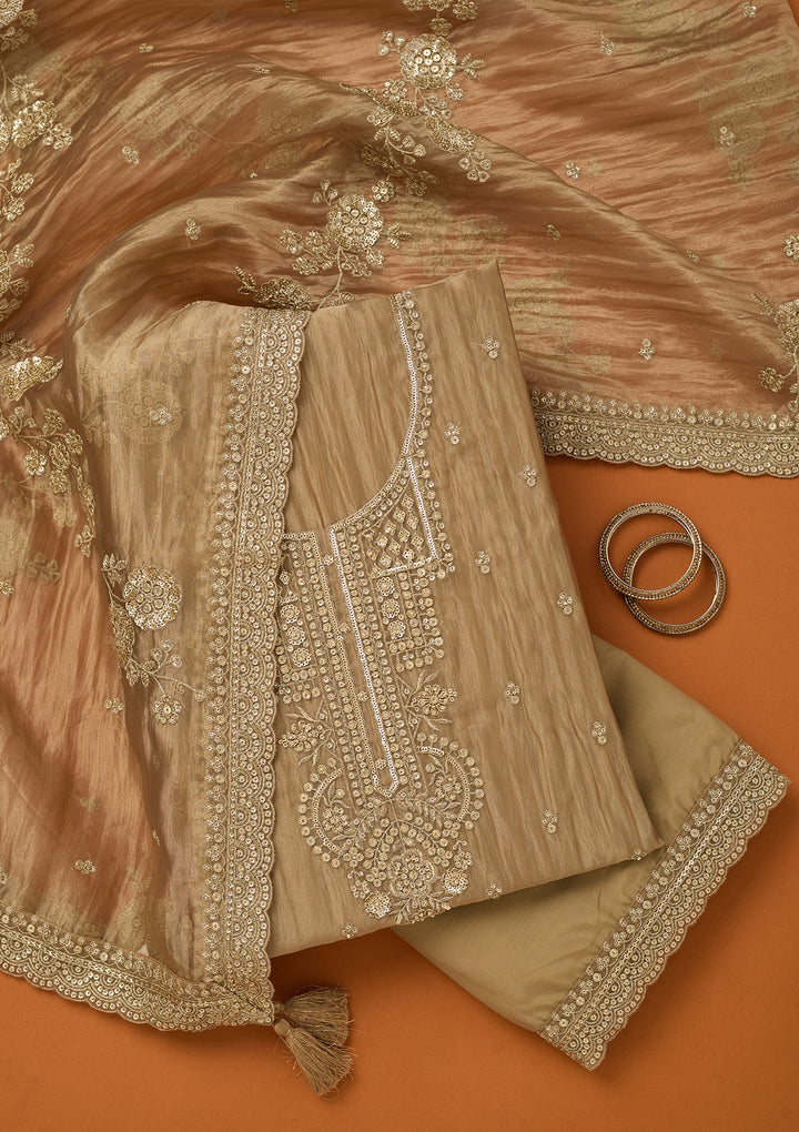 Beige Tissue Sequins Unstitched Dress Material With Matching Bottom And Dupatta