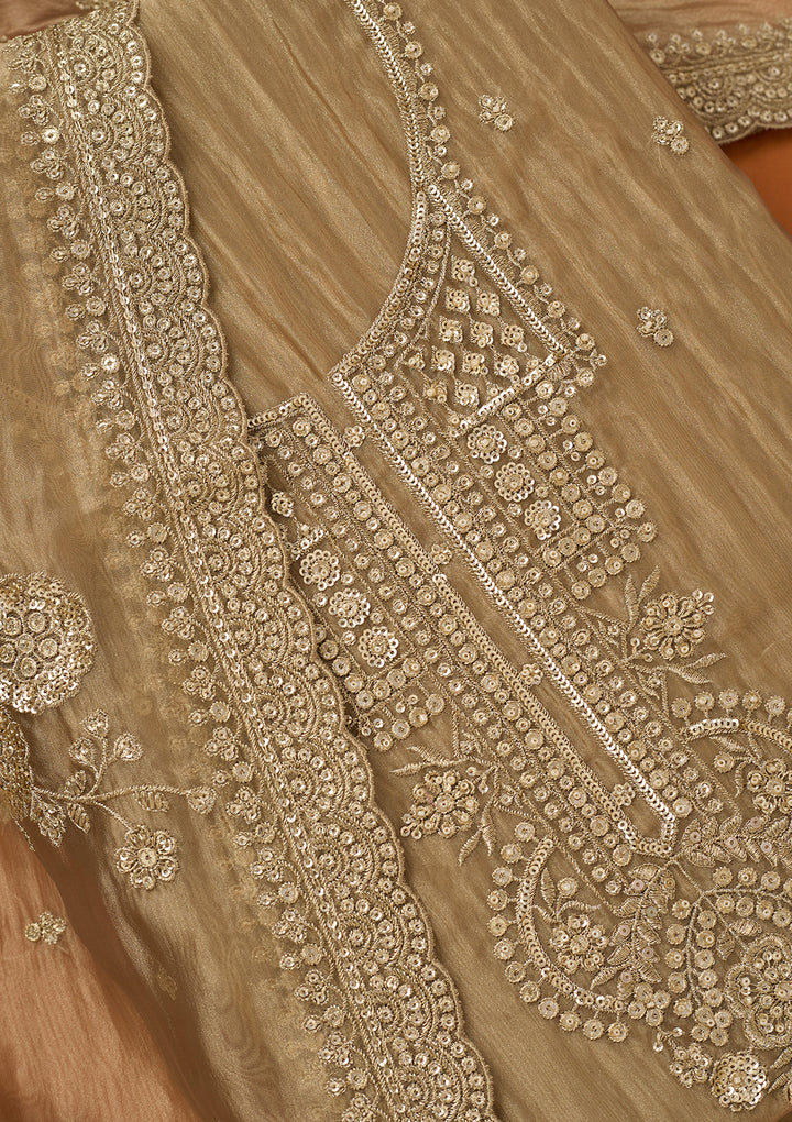 Beige Tissue Sequins Unstitched Dress Material With Matching Bottom And Dupatta