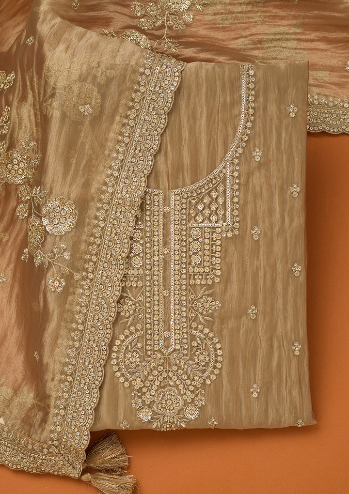 Beige Tissue Sequins Unstitched Dress Material With Matching Bottom And Dupatta