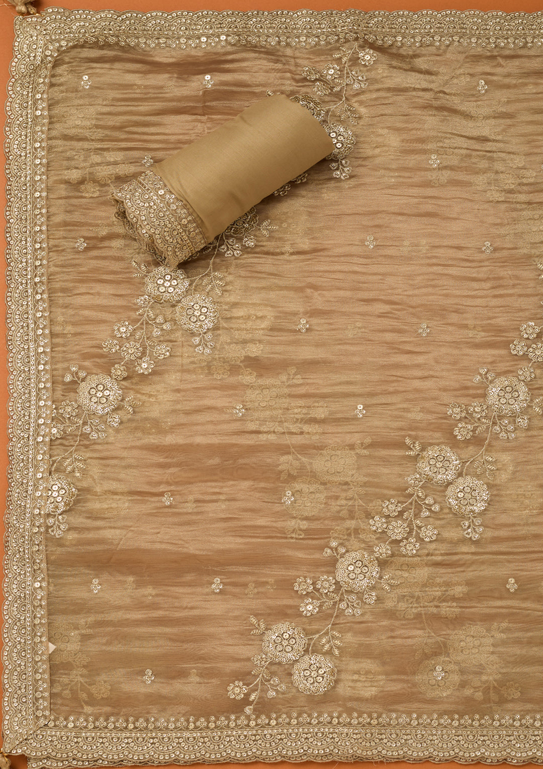 Beige Tissue Sequins Unstitched Dress Material With Matching Bottom And Dupatta