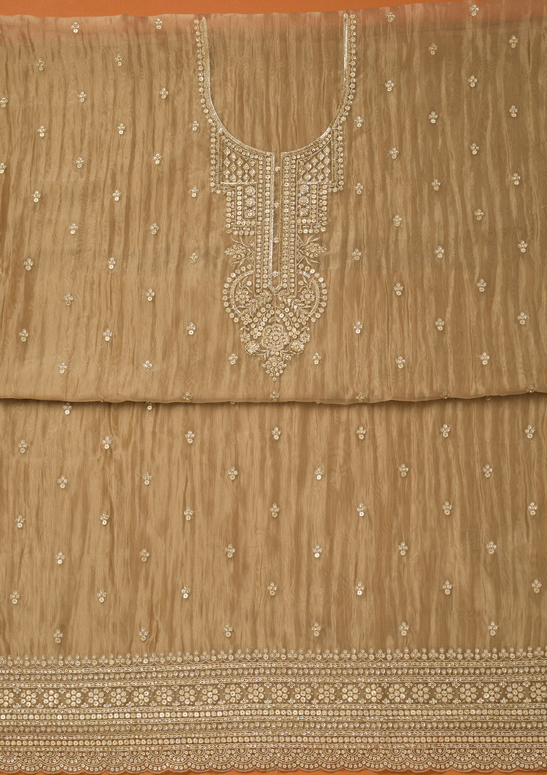 Beige Tissue Sequins Unstitched Dress Material With Matching Bottom And Dupatta