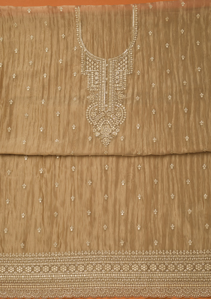 Beige Tissue Sequins Unstitched Dress Material With Matching Bottom And Dupatta