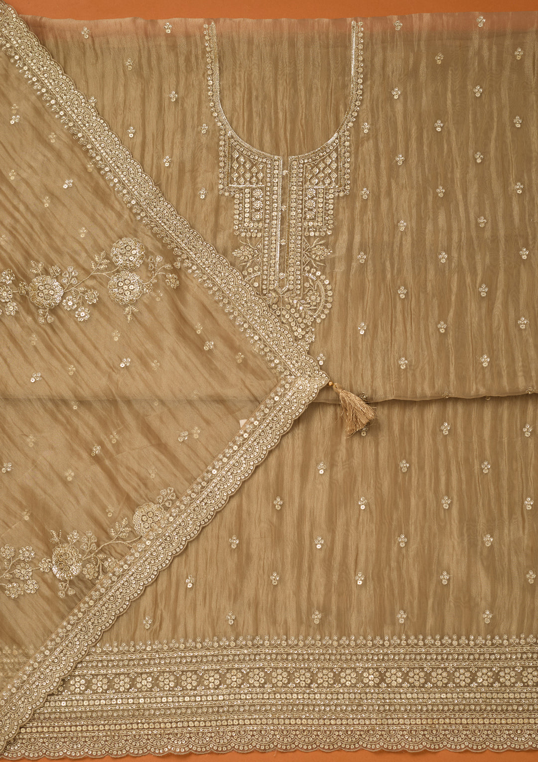 Beige Tissue Sequins Unstitched Dress Material With Matching Bottom And Dupatta