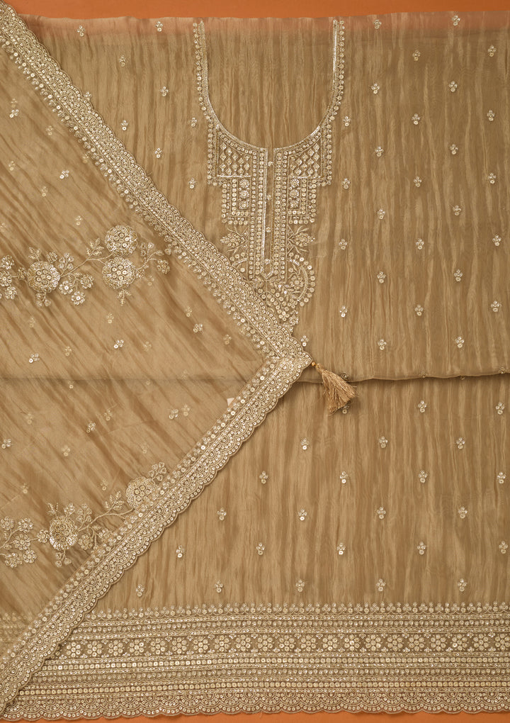 Beige Tissue Sequins Unstitched Dress Material With Matching Bottom And Dupatta