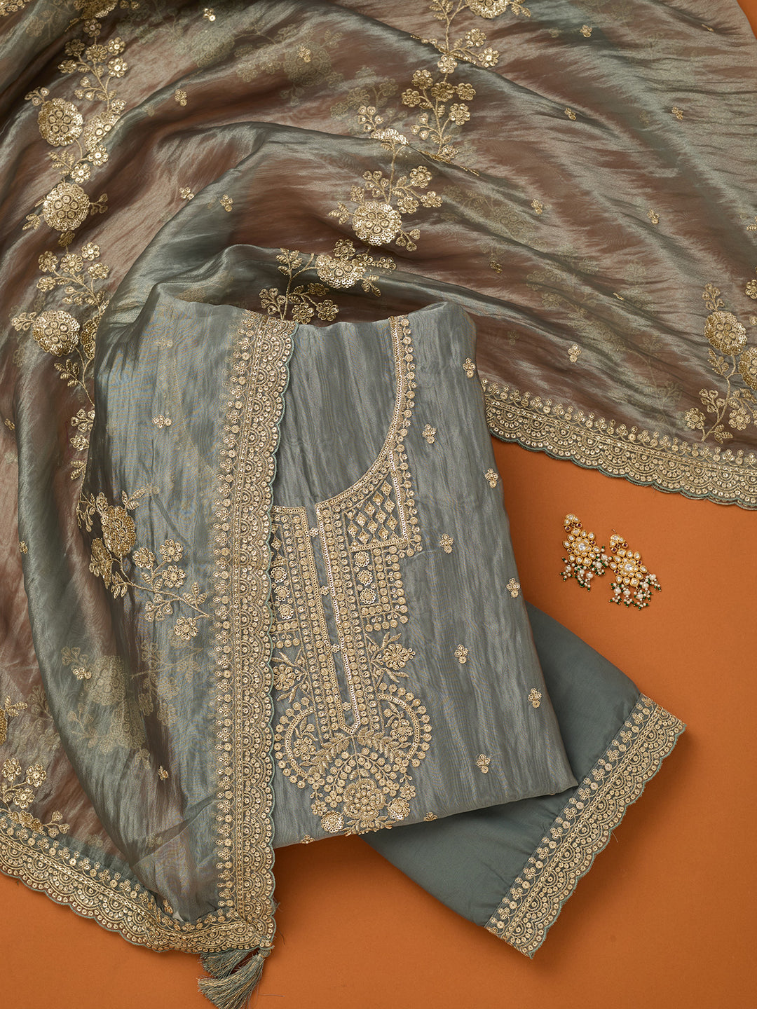 Dark Grey Tissue Sequins Unstitched Dress Material With Matching Bottom And Dupatta