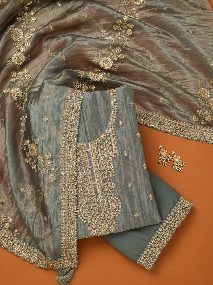 Dark Grey Tissue Sequins Unstitched Dress Material With Matching Bottom And Dupatta