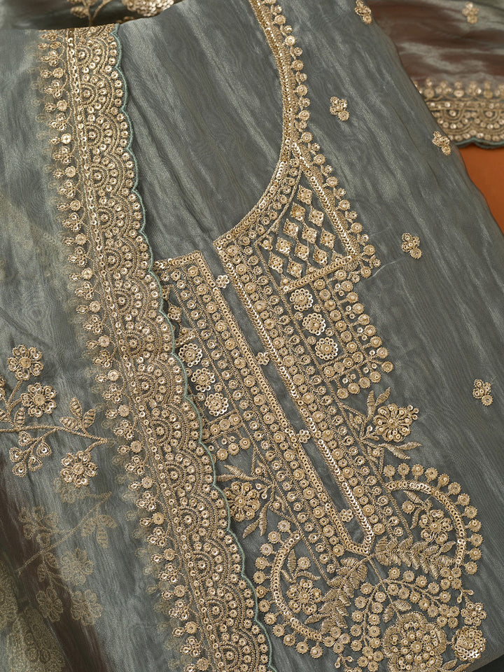 Dark Grey Tissue Sequins Unstitched Dress Material With Matching Bottom And Dupatta