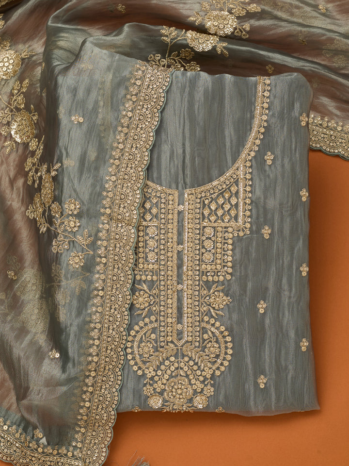 Dark Grey Tissue Sequins Unstitched Dress Material With Matching Bottom And Dupatta