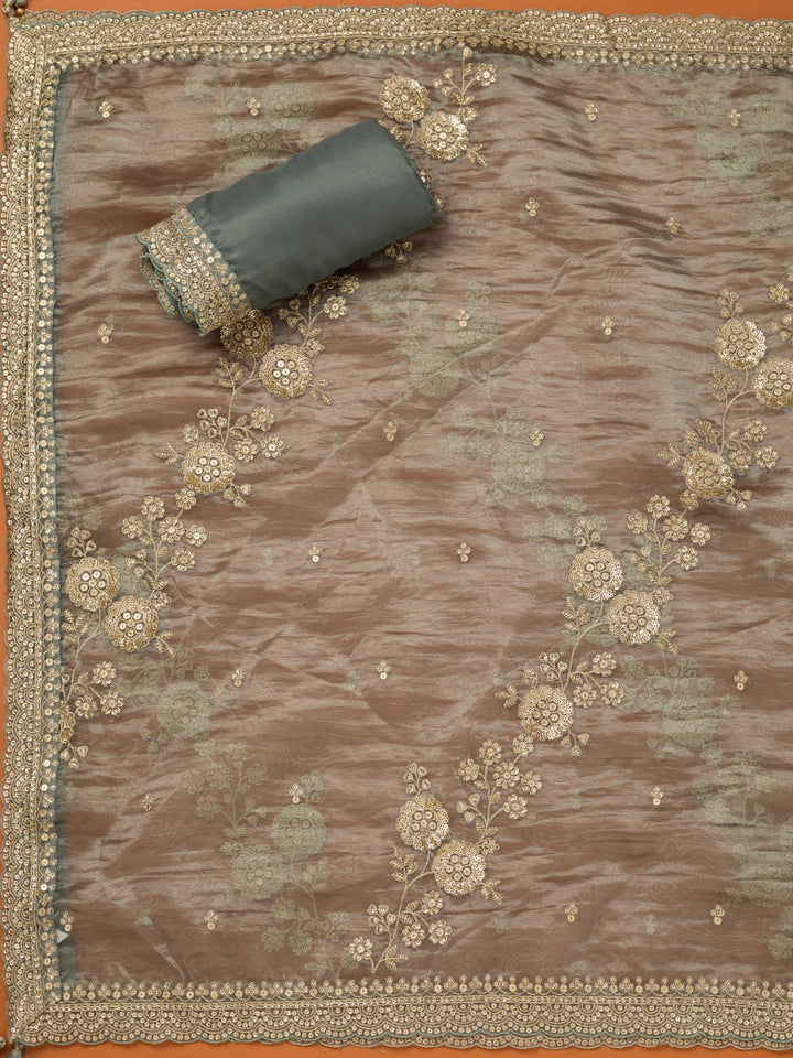 Dark Grey Tissue Sequins Unstitched Dress Material With Matching Bottom And Dupatta