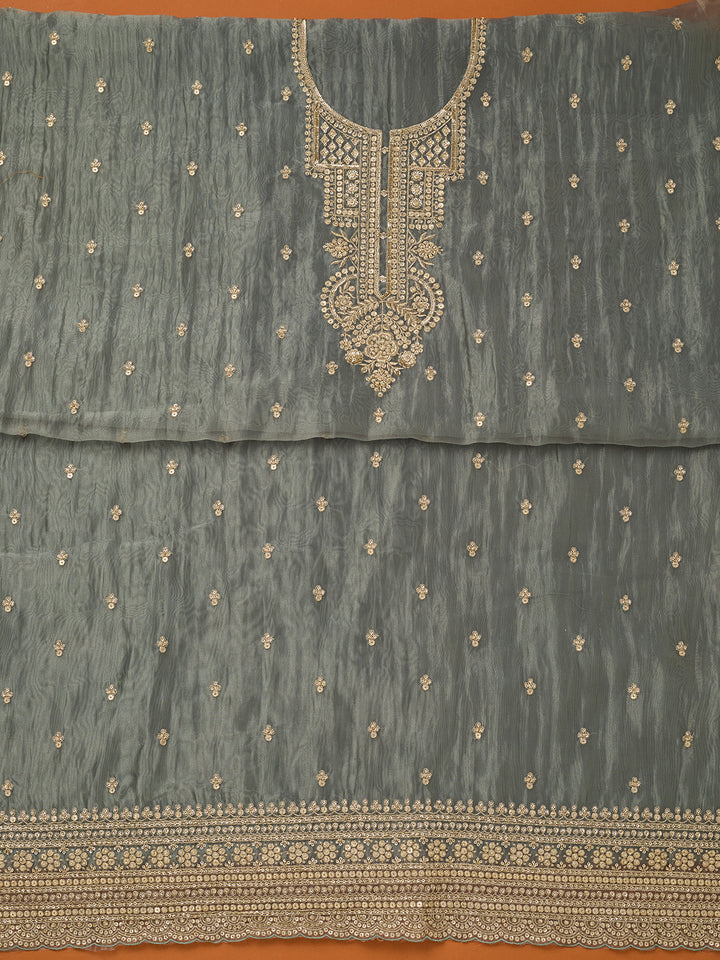 Dark Grey Tissue Sequins Unstitched Dress Material With Matching Bottom And Dupatta