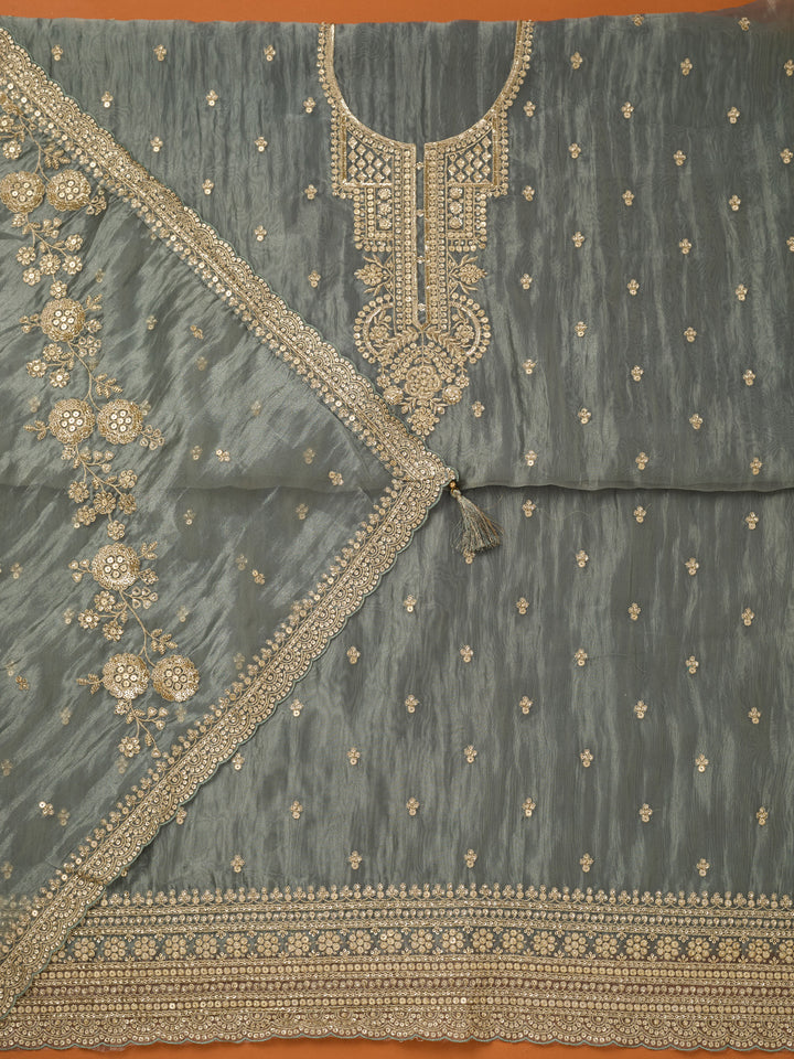 Dark Grey Tissue Sequins Unstitched Dress Material With Matching Bottom And Dupatta