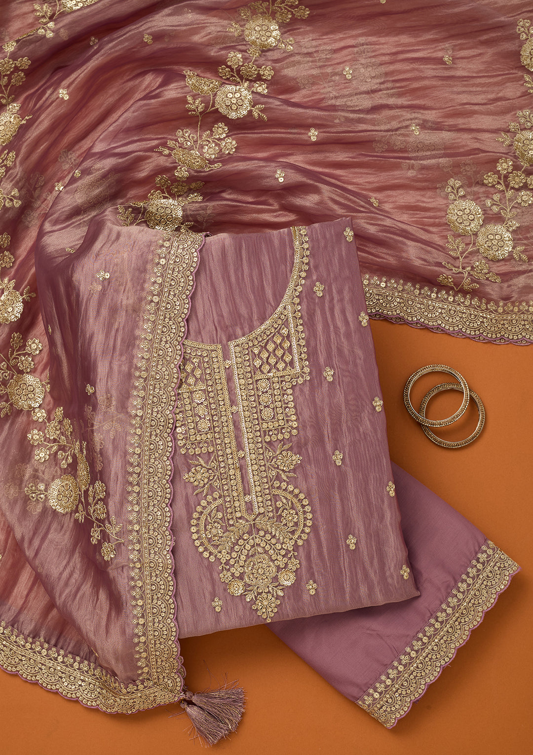Lavender Tissue Sequins Unstitched Dress Material With Matching Bottom And Dupatta