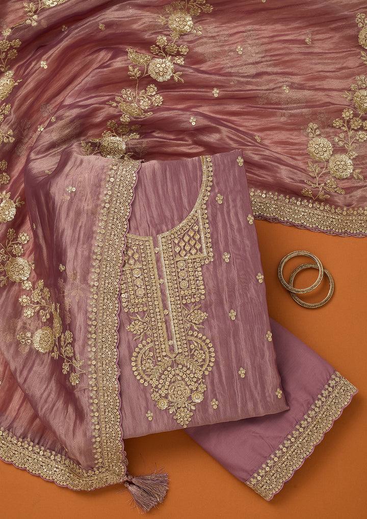 Lavender Tissue Sequins Unstitched Dress Material With Matching Bottom And Dupatta