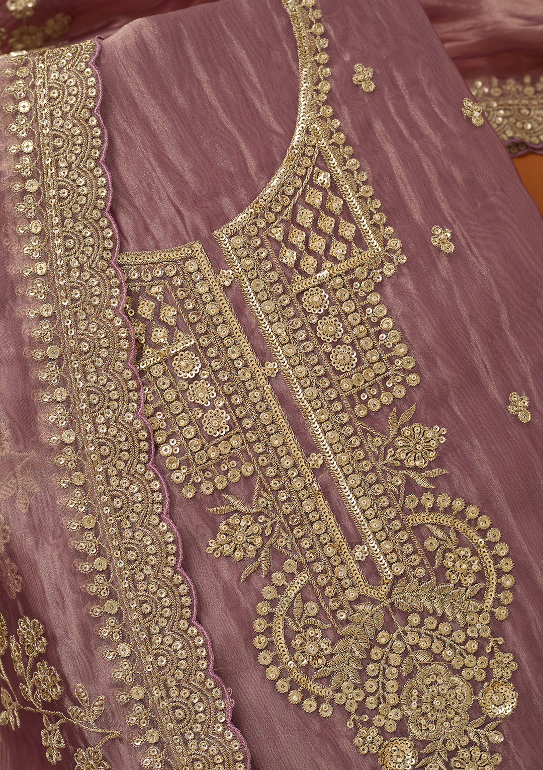 Lavender Tissue Sequins Unstitched Dress Material With Matching Bottom And Dupatta