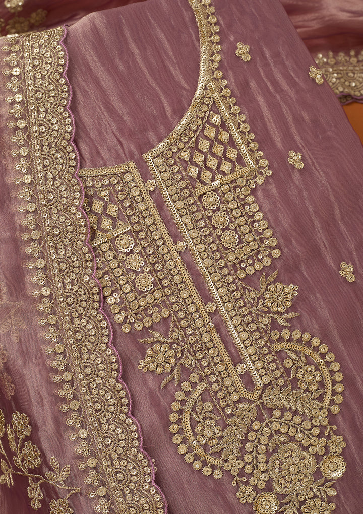 Lavender Tissue Sequins Unstitched Dress Material With Matching Bottom And Dupatta