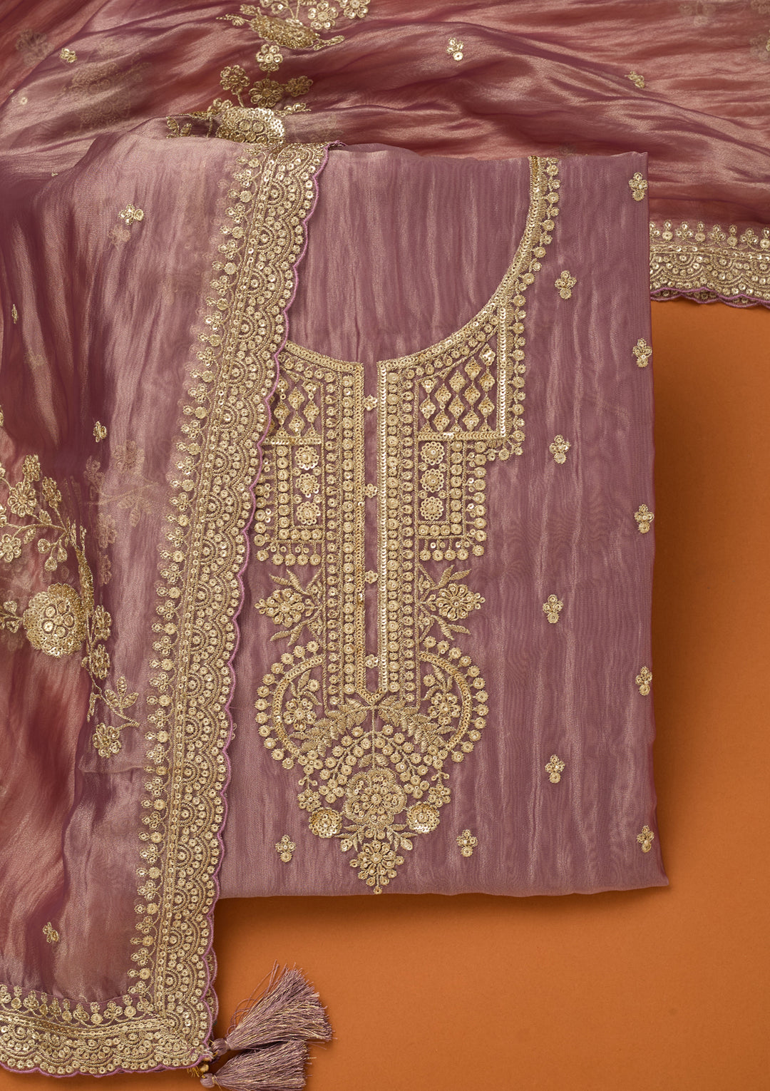 Lavender Tissue Sequins Unstitched Dress Material With Matching Bottom And Dupatta