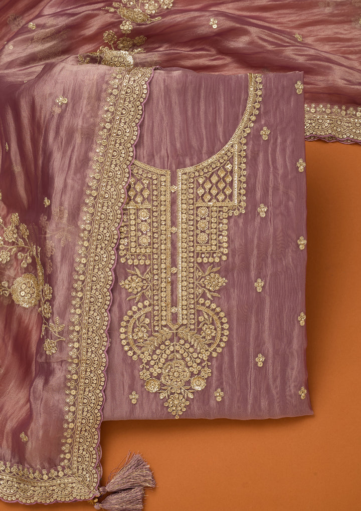 Lavender Tissue Sequins Unstitched Dress Material With Matching Bottom And Dupatta