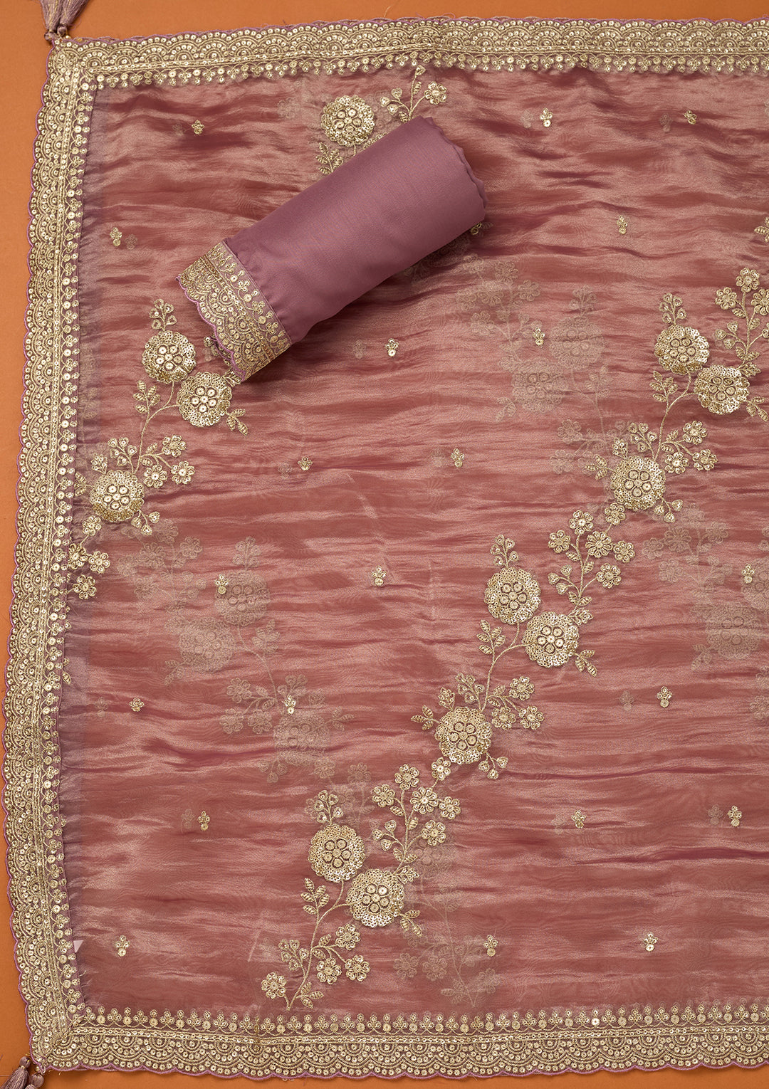 Lavender Tissue Sequins Unstitched Dress Material With Matching Bottom And Dupatta