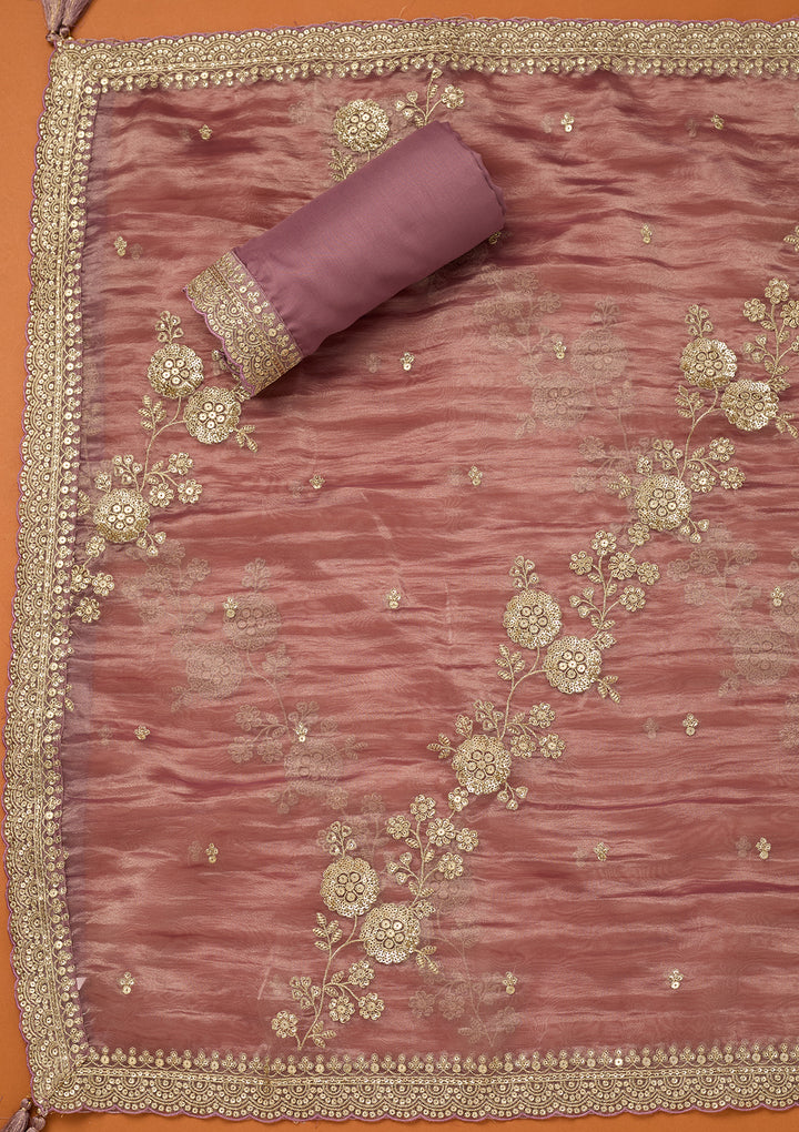 Lavender Tissue Sequins Unstitched Dress Material With Matching Bottom And Dupatta