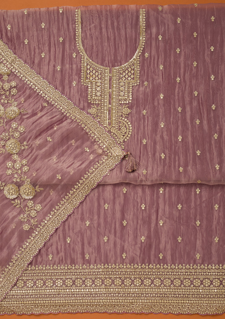 Lavender Tissue Sequins Unstitched Dress Material With Matching Bottom And Dupatta