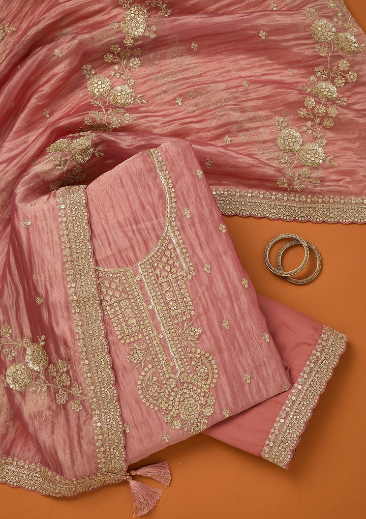 Onion Pink Tissue Sequins Unstitched Dress Material With Matching Bottom And Dupatta